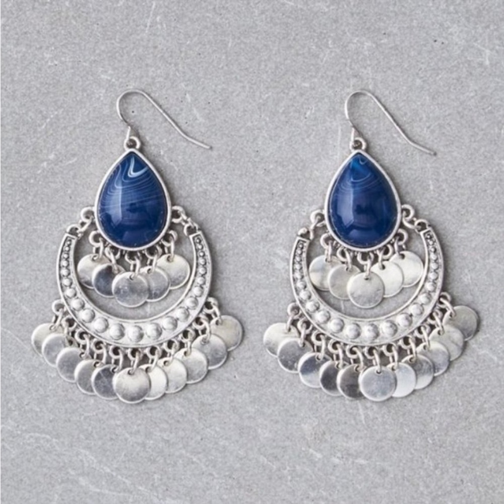 AEO Blue Silver Tone Two Tier Statement Earrings NWT